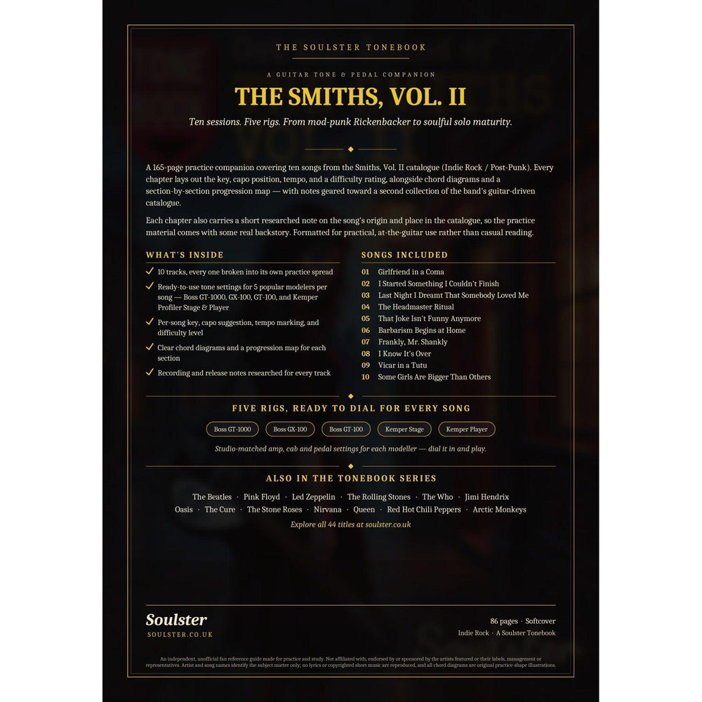 Back cover of The Smiths, Vol. II Soulster Tonebook — a dark, gold-trimmed design with the title and tagline, a 'what's inside' list, the full 10-song track list, the five modeller rigs and other titles in the Soulster Tonebook series.
