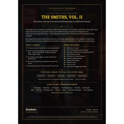 Back cover of The Smiths, Vol. II Soulster Tonebook — a dark, gold-trimmed design with the title and tagline, a 'what's inside' list, the full 10-song track list, the five modeller rigs and other titles in the Soulster Tonebook series.