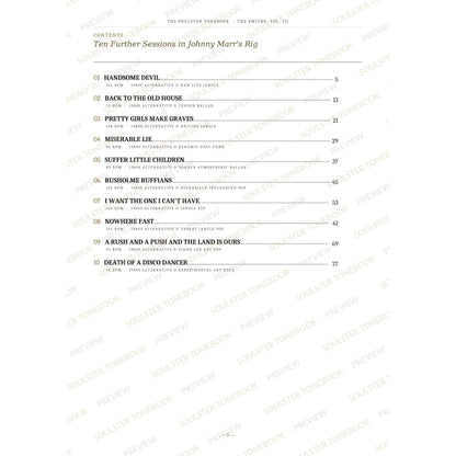 Contents page from The Smiths, Vol. III Soulster Tonebook, listing all 10 songs with their tempos, genre tags and page numbers in a gold-and-black serif layout. A faint diagonal 'Soulster Tonebook · Preview' watermark repeats across the page.