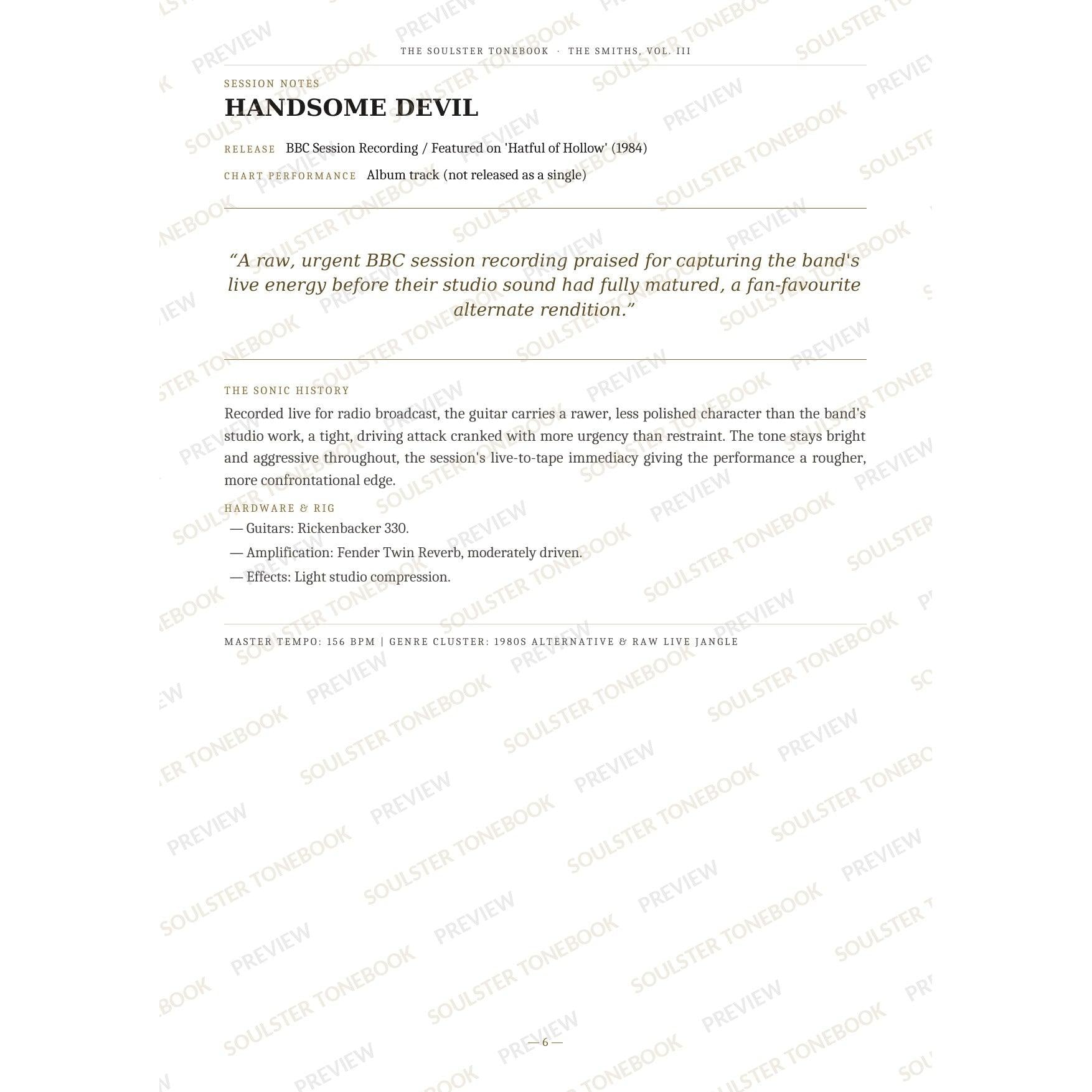 Session-notes page for 'Handsome Devil' in The Smiths, Vol. III Soulster Tonebook, with the track's release and chart history, a summary quote, a short 'sonic history' write-up and the hardware and rig used. A faint diagonal 'Soulster Tonebook · Preview' watermark repeats across the page.