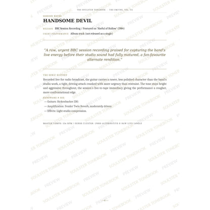 Session-notes page for 'Handsome Devil' in The Smiths, Vol. III Soulster Tonebook, with the track's release and chart history, a summary quote, a short 'sonic history' write-up and the hardware and rig used. A faint diagonal 'Soulster Tonebook · Preview' watermark repeats across the page.