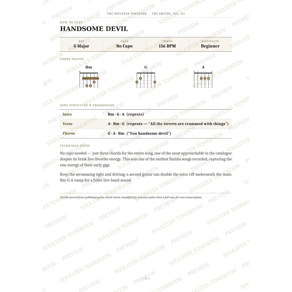 How-to-play page for 'Handsome Devil' by The Smiths, showing the key, capo, tempo and difficulty, printed chord-shape diagrams, a song-structure and chord-progression breakdown and technique notes — chord charts only, no lyrics or notation. A faint diagonal 'Soulster Tonebook · Preview' watermark repeats across the page.