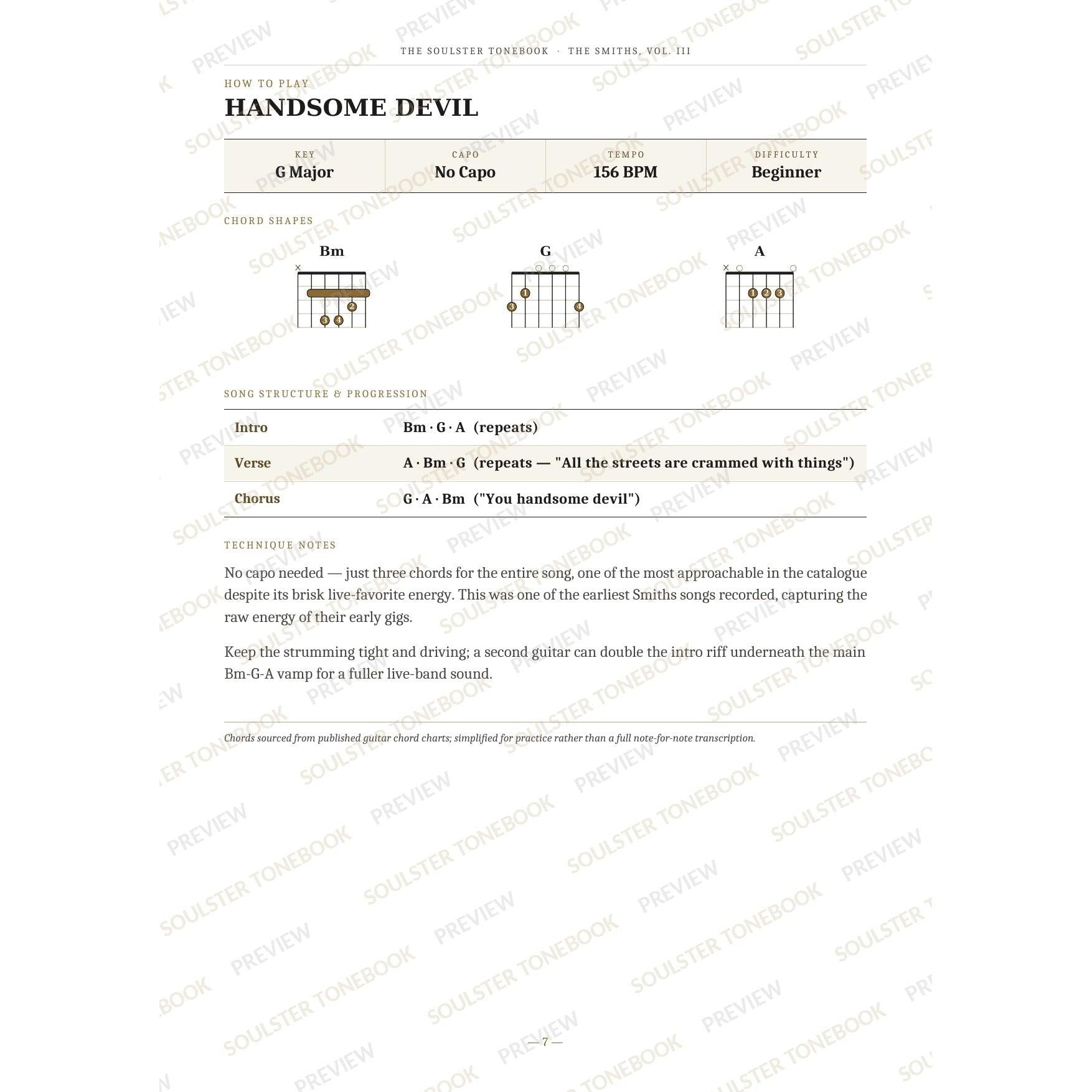 How-to-play page for 'Handsome Devil' by The Smiths, showing the key, capo, tempo and difficulty, printed chord-shape diagrams, a song-structure and chord-progression breakdown and technique notes — chord charts only, no lyrics or notation. A faint diagonal 'Soulster Tonebook · Preview' watermark repeats across the page.
