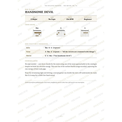 How-to-play page for 'Handsome Devil' by The Smiths, showing the key, capo, tempo and difficulty, printed chord-shape diagrams, a song-structure and chord-progression breakdown and technique notes — chord charts only, no lyrics or notation. A faint diagonal 'Soulster Tonebook · Preview' watermark repeats across the page.