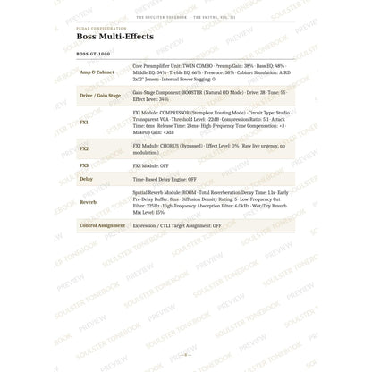 Boss GT-1000 pedal-settings page for 'Handsome Devil' in The Smiths, Vol. III Soulster Tonebook, giving parameter-by-parameter amp, cabinet, drive, FX, delay and reverb values in a two-column table. A faint diagonal 'Soulster Tonebook · Preview' watermark repeats across the page.
