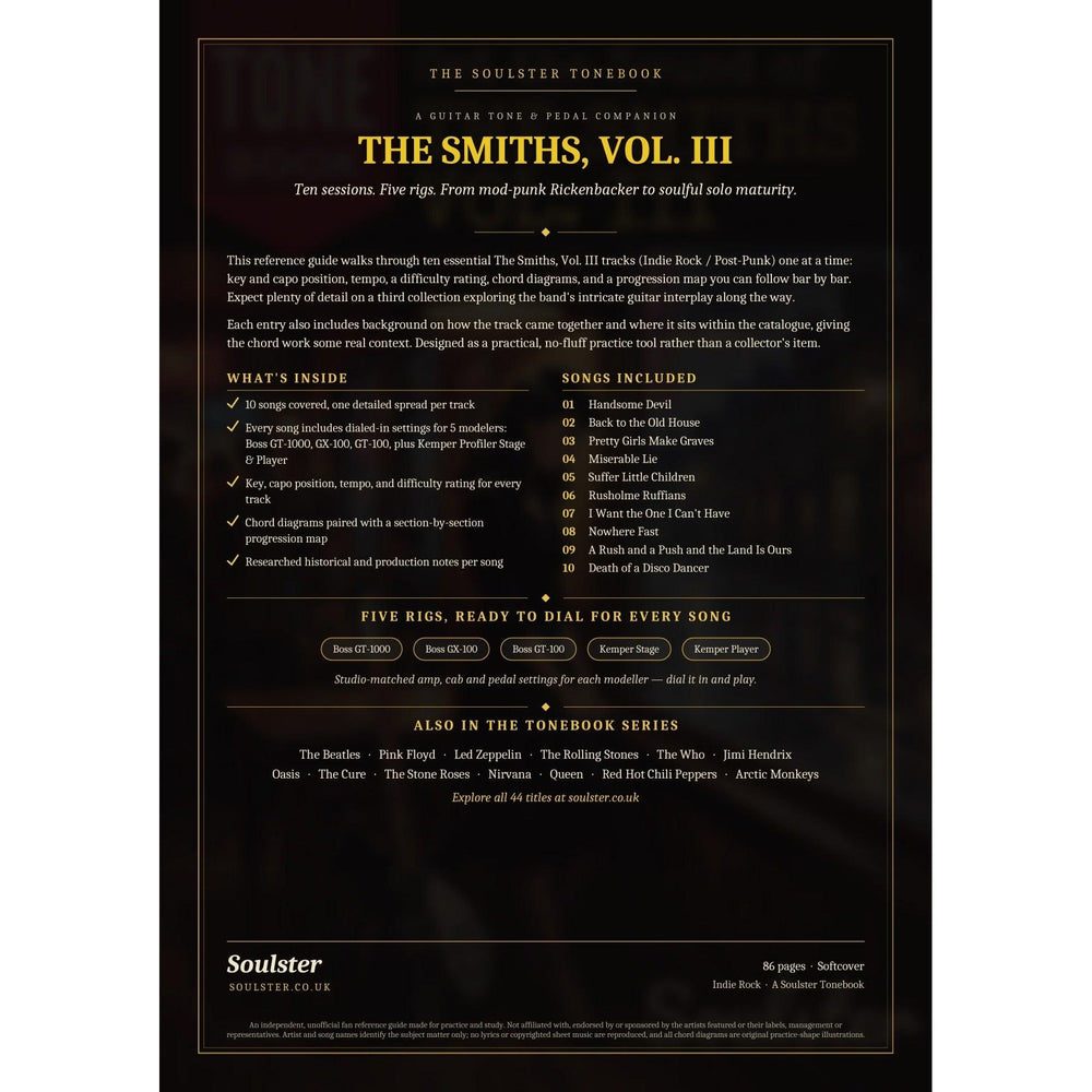 Back cover of The Smiths, Vol. III Soulster Tonebook — a dark, gold-trimmed design with the title and tagline, a 'what's inside' list, the full 10-song track list, the five modeller rigs and other titles in the Soulster Tonebook series.