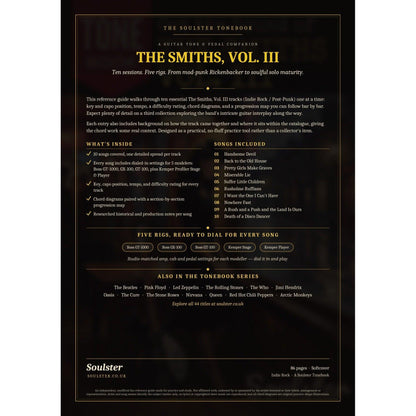 Back cover of The Smiths, Vol. III Soulster Tonebook — a dark, gold-trimmed design with the title and tagline, a 'what's inside' list, the full 10-song track list, the five modeller rigs and other titles in the Soulster Tonebook series.