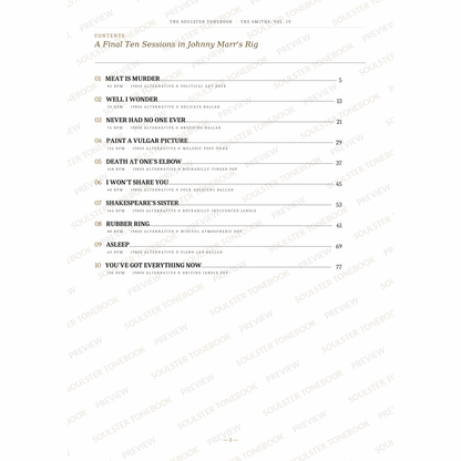 Contents page from The Smiths, Vol. IV Soulster Tonebook, listing all 10 songs with their tempos, genre tags and page numbers in a gold-and-black serif layout. A faint diagonal 'Soulster Tonebook · Preview' watermark repeats across the page.