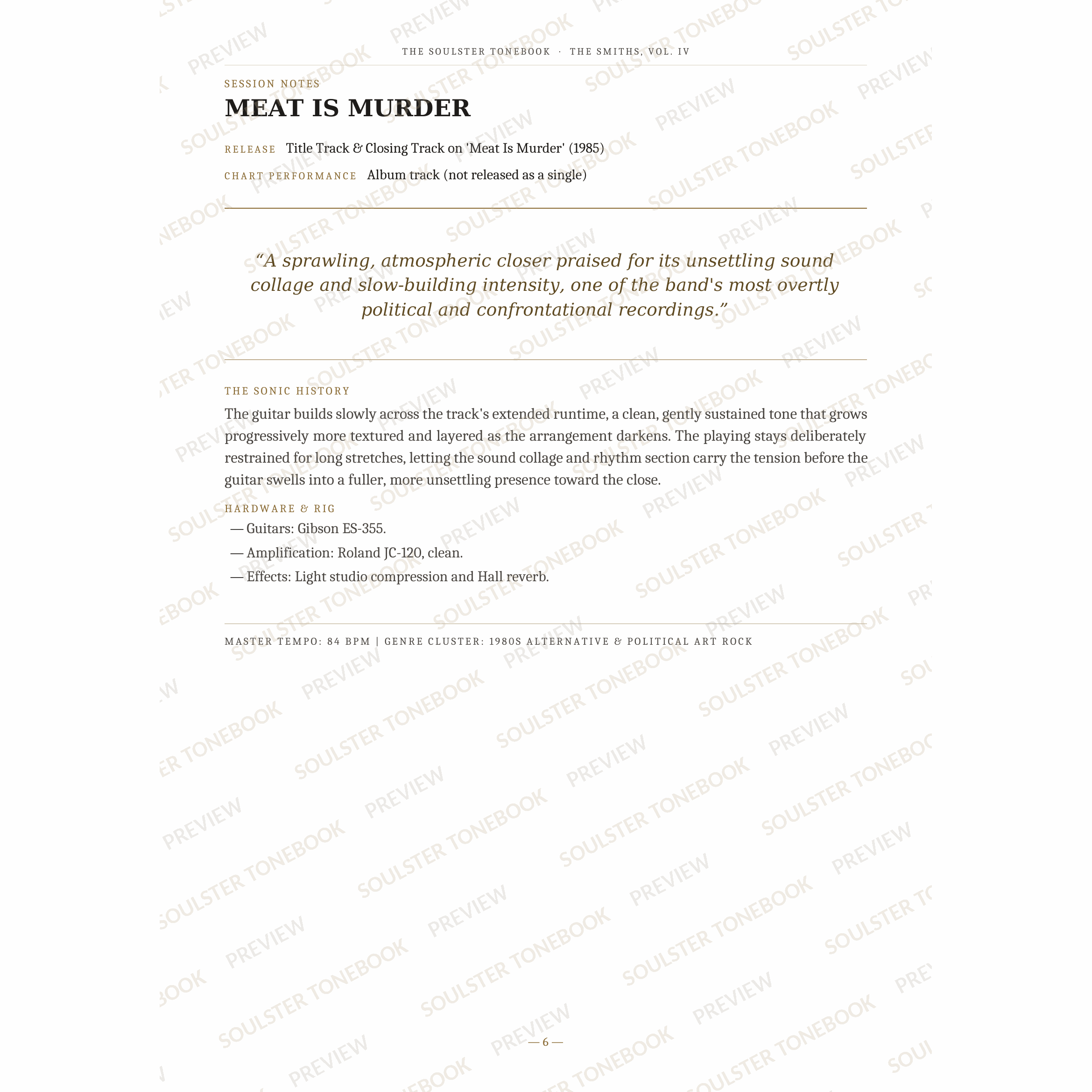 Session-notes page for 'Meat Is Murder' in The Smiths, Vol. IV Soulster Tonebook, with the track's release and chart history, a summary quote, a short 'sonic history' write-up and the hardware and rig used. A faint diagonal 'Soulster Tonebook · Preview' watermark repeats across the page.