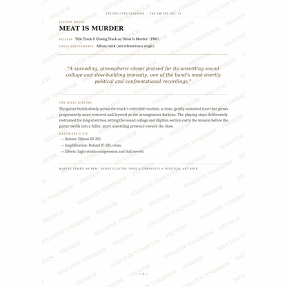 Session-notes page for 'Meat Is Murder' in The Smiths, Vol. IV Soulster Tonebook, with the track's release and chart history, a summary quote, a short 'sonic history' write-up and the hardware and rig used. A faint diagonal 'Soulster Tonebook · Preview' watermark repeats across the page.