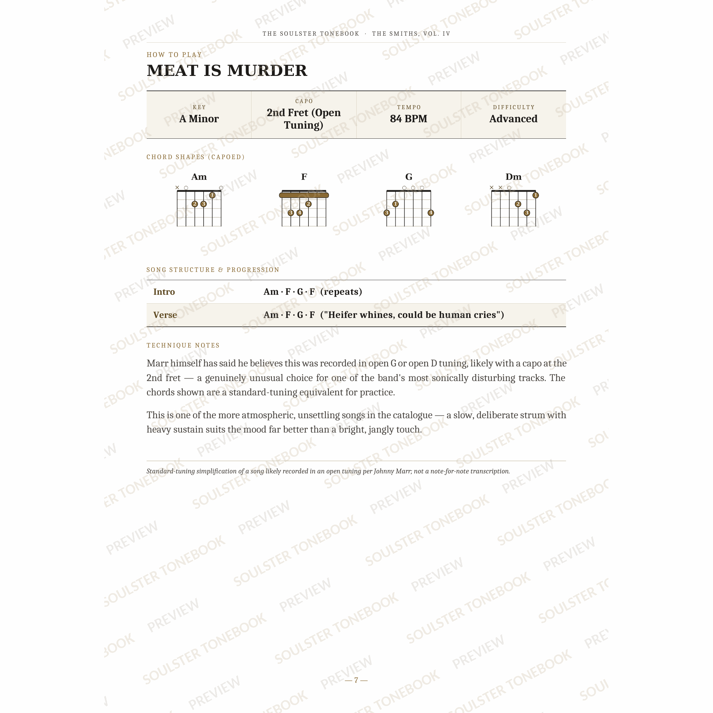 How-to-play page for 'Meat Is Murder' by The Smiths, showing the key, capo, tempo and difficulty, printed chord-shape diagrams, a song-structure and chord-progression breakdown and technique notes — chord charts only, no lyrics or notation. A faint diagonal 'Soulster Tonebook · Preview' watermark repeats across the page.