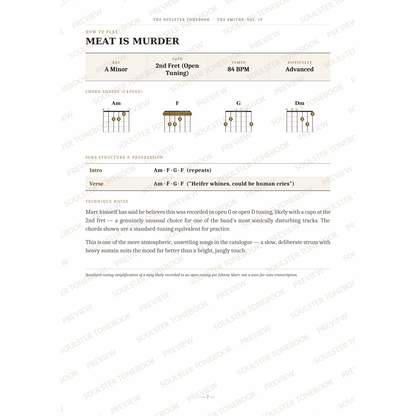 How-to-play page for 'Meat Is Murder' by The Smiths, showing the key, capo, tempo and difficulty, printed chord-shape diagrams, a song-structure and chord-progression breakdown and technique notes — chord charts only, no lyrics or notation. A faint diagonal 'Soulster Tonebook · Preview' watermark repeats across the page.