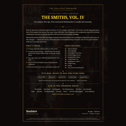 Back cover of The Smiths, Vol. IV Soulster Tonebook — a dark, gold-trimmed design with the title and tagline, a 'what's inside' list, the full 10-song track list, the five modeller rigs and other titles in the Soulster Tonebook series.