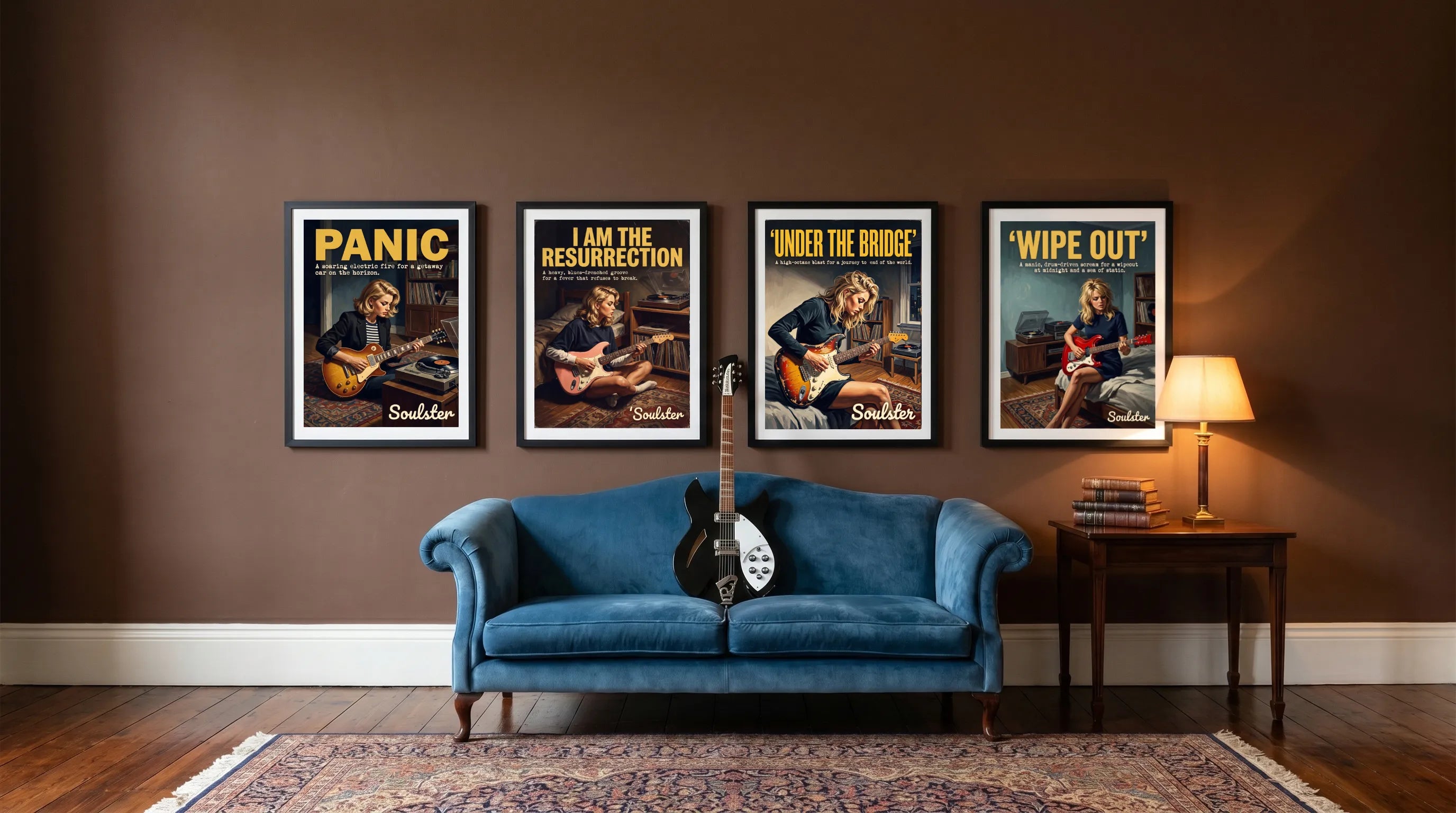 Four framed music posters on a brown wall above a blue velvet sofa in a styled living room. The posters feature band members playing guitars with song titles 'Panic', 'I'm The Resurrection', 'Under The Bridge', and 'Wipe Out'.