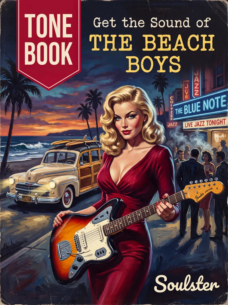 Vintage-style illustrated cover art for Tone Book: Get the Sound of The Beach Boys, featuring a pin-up woman in a red dress holding a sunburst electric guitar on a beach street at dusk, with a wood-paneled car, palm trees, and a neon sign in the background. The Soulster logo appears at the bottom right.