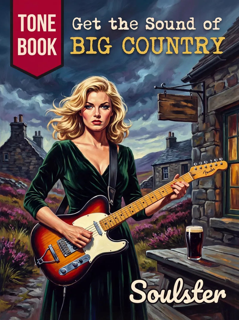Book cover for 'Get the Sound of Big Country' Tone Book, featuring an illustrated blonde woman in a dark green dress playing a sunburst electric guitar in a rustic outdoor setting with a pub sign and a glass of dark beer.