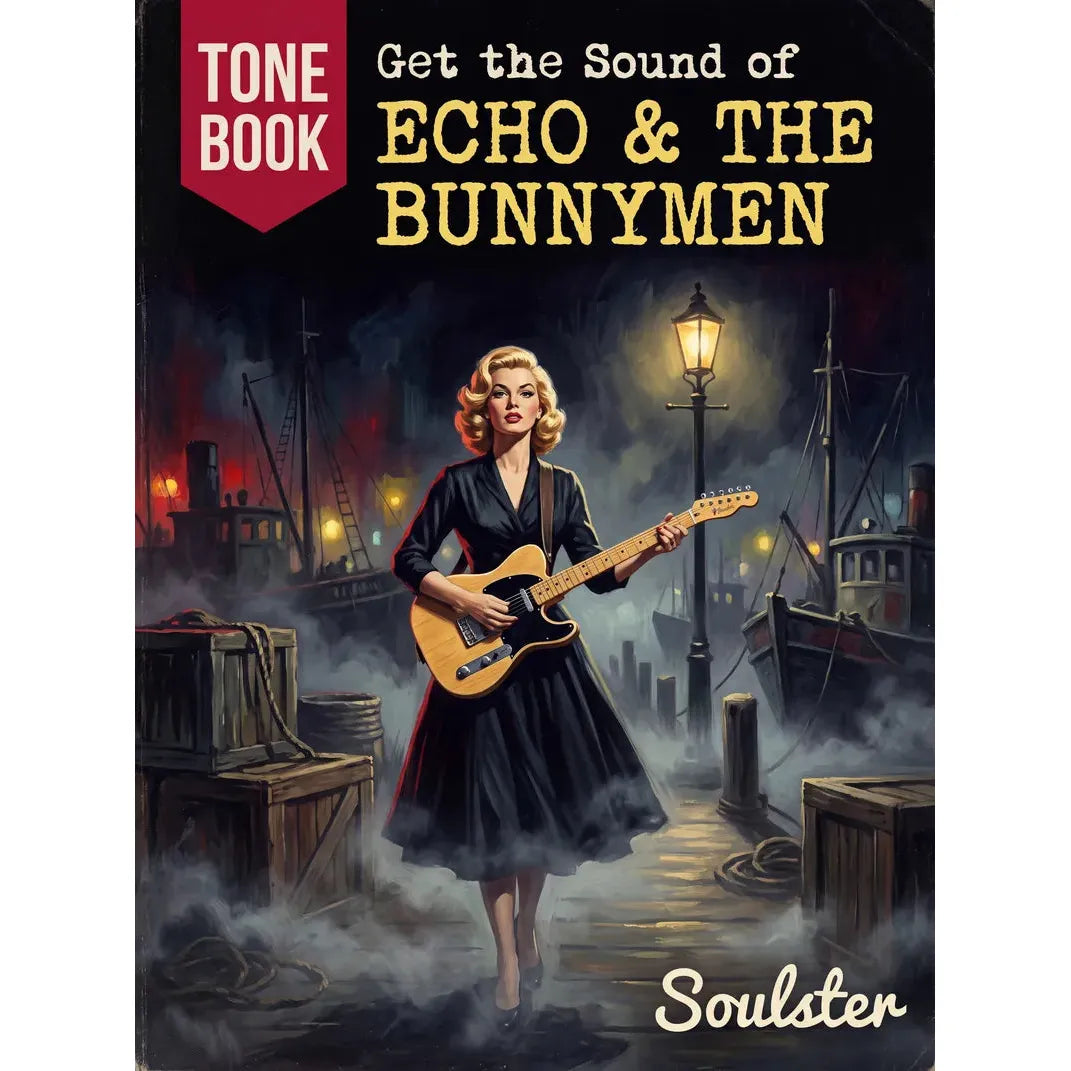 Book cover for 'Get the Sound of Echo & The Bunnymen' by Soulster, featuring a retro-style illustration of a blonde woman in a black dress playing an electric guitar on a misty dock at night.