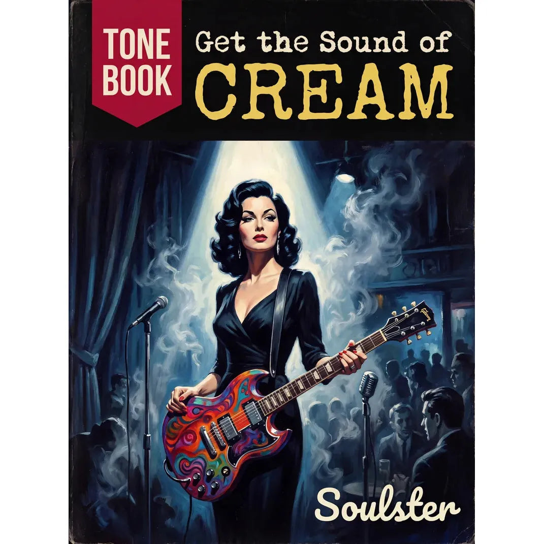 Book cover for 'Get the Sound of CREAM' by Soulster, featuring a stylized illustration of a woman in a black dress holding a colorful electric guitar on a stage, with microphones and a crowd in the background.