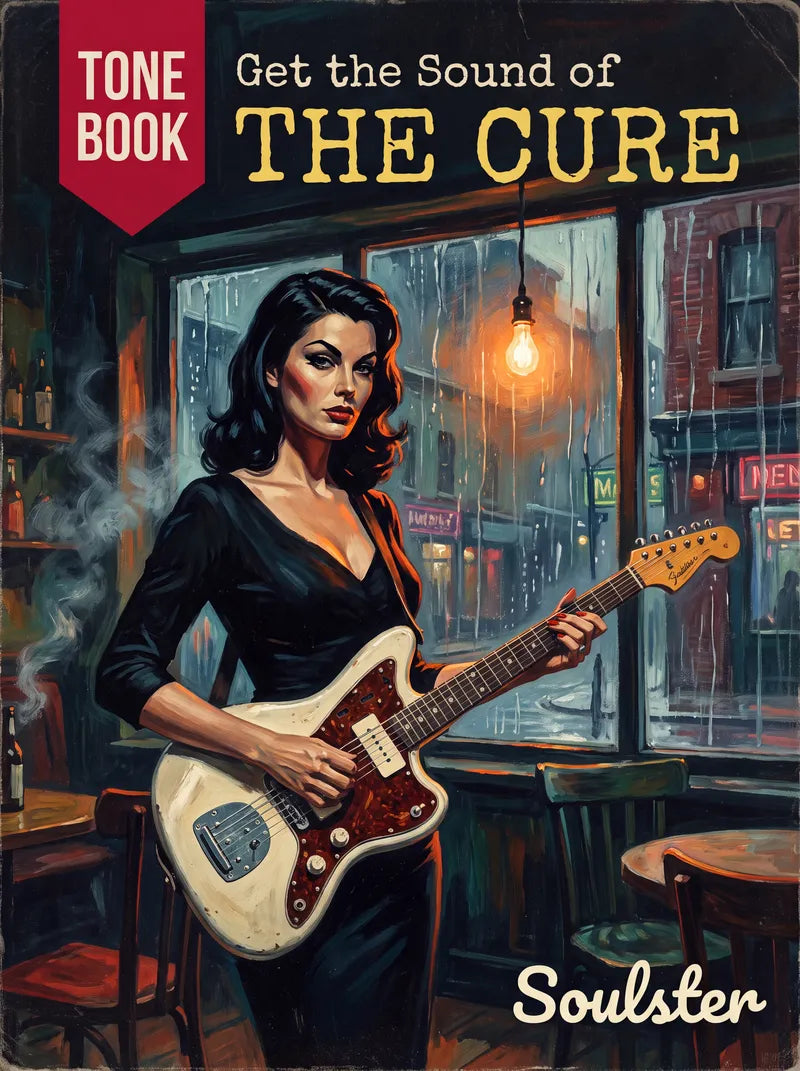 Book cover for 'Get the Sound of THE CURE' by Soulster, featuring a retro-style illustration of a woman holding an electric guitar in a rainy cafe.