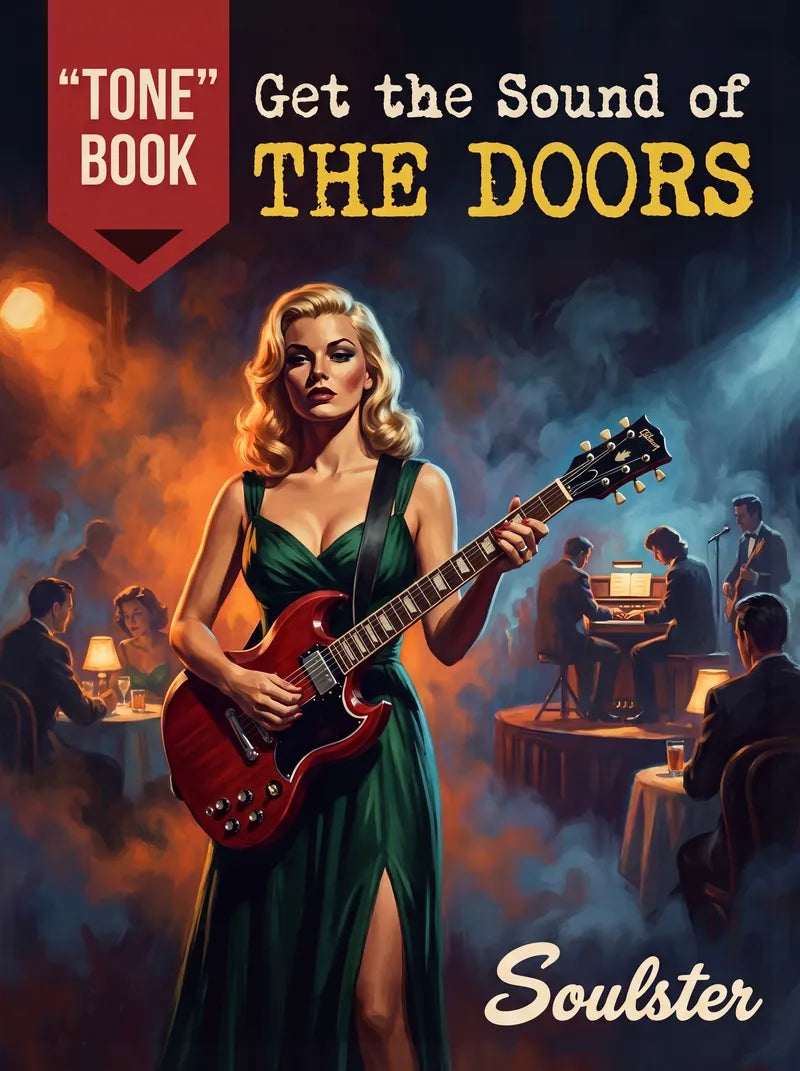 Book cover for "Get the Sound of THE DOORS" by Soulster, featuring a stylized illustration of a blonde woman in a green dress playing a red electric guitar in a smoky concert setting. The title text is prominent at the top, with a red banner reading "TONE" BOOK on the upper left.