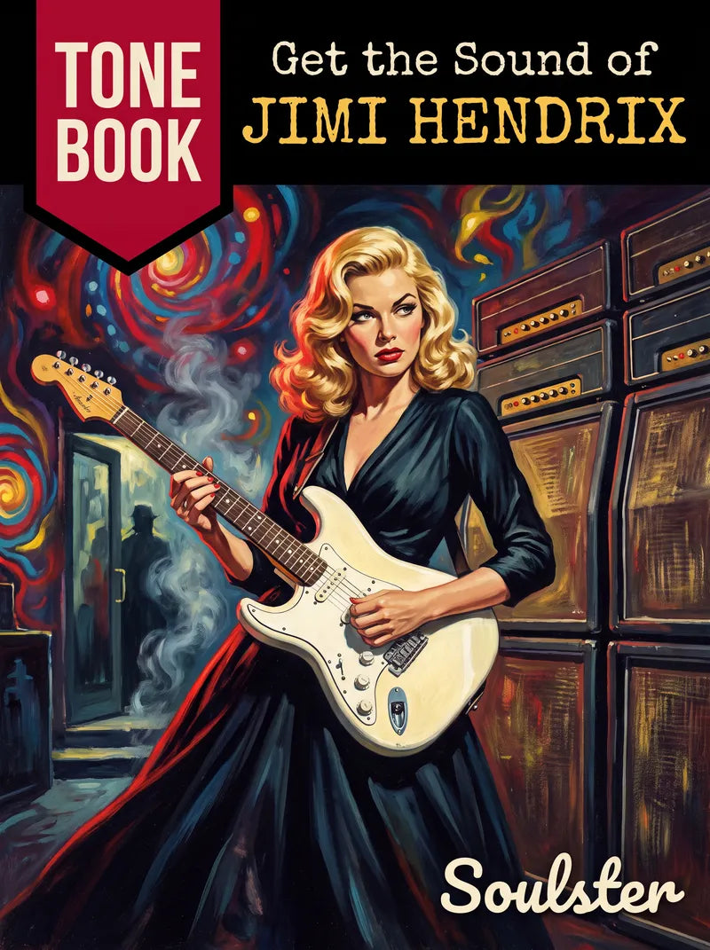 Book cover for 'Get the Sound of Jimi Hendrix' by Soulster, featuring a stylized illustration of a blonde woman in a black dress playing a white electric guitar in front of amplifier cabinets and swirling psychedelic artwork. The title and 'Tone Book' series branding are prominently displayed.