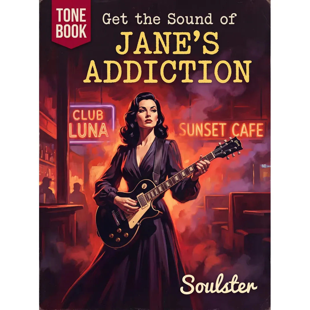 Book cover for 'Get the Sound of Jane's Addiction' by Soulster, featuring a retro-style illustration of a woman in a dark dress playing an electric guitar in a smoky bar scene with neon signs reading 'Club Luna' and 'Sunset Cafe'.