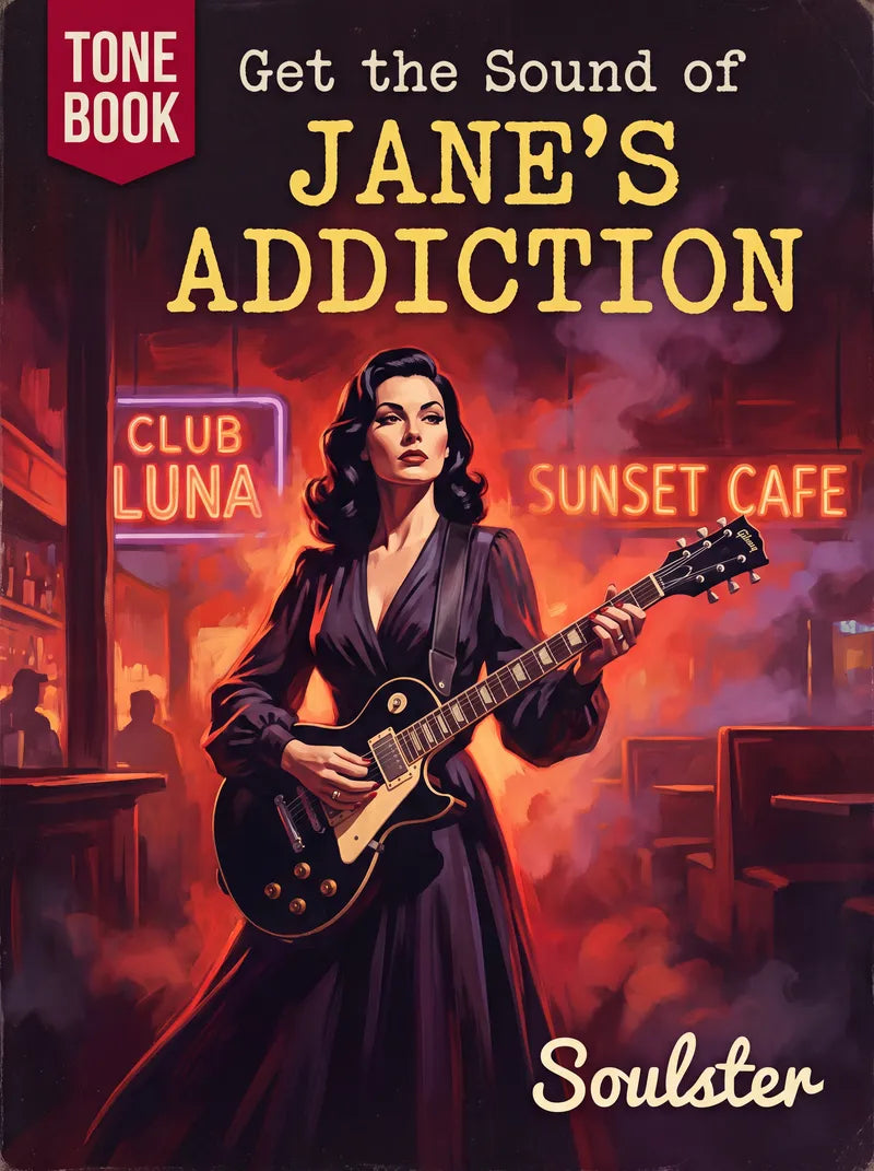 Book cover for 'Get the Sound of Jane's Addiction' by Soulster, featuring a retro-style illustration of a woman in a dark dress playing an electric guitar in a smoky bar scene with neon signs reading 'Club Luna' and 'Sunset Cafe'.