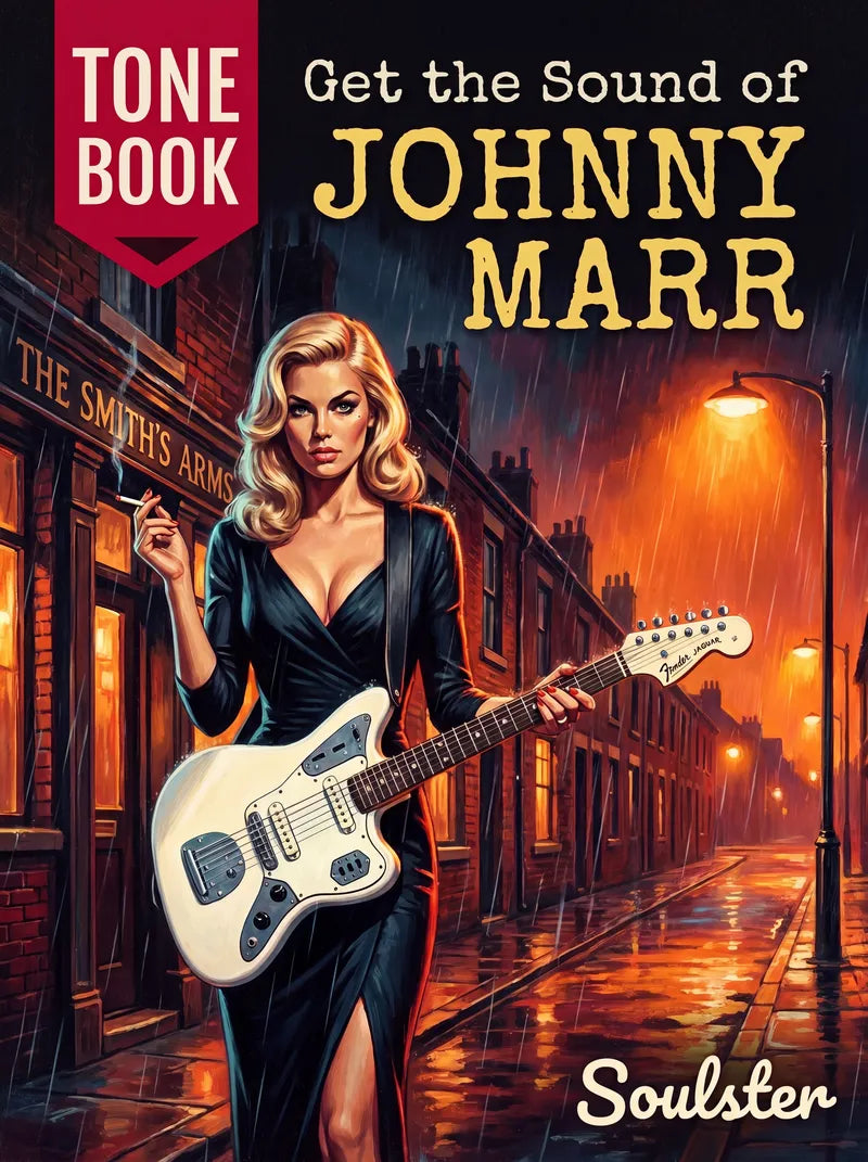 Book cover for 'Get the Sound of Johnny Marr' by Soulster, featuring an illustrated blonde woman in a black dress playing a white electric guitar on a rainy city street at night.