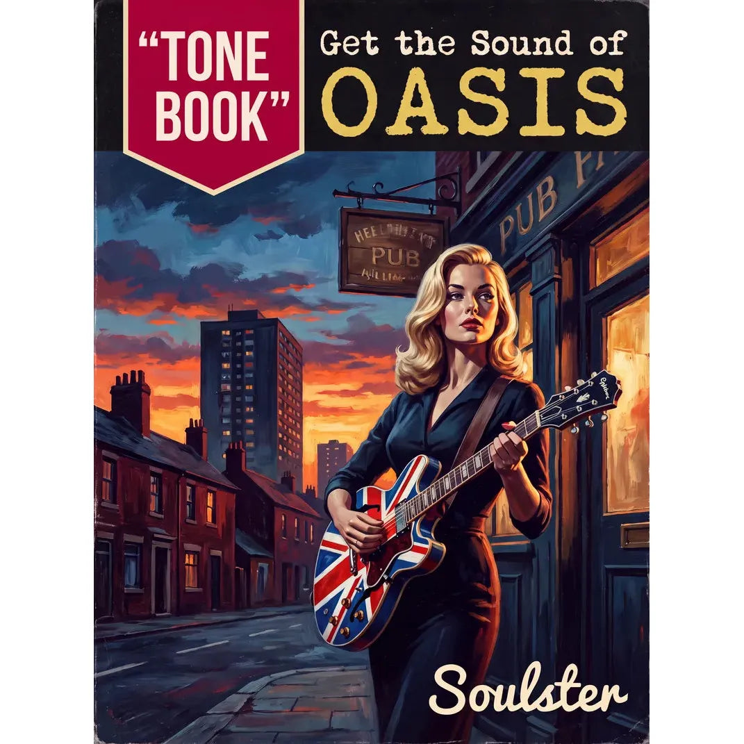 Book cover for 'Get the Sound of OASIS: Tone Book' by Soulster, featuring a stylized illustration of a woman playing a Union Jack-patterned electric guitar on a city street at sunset.