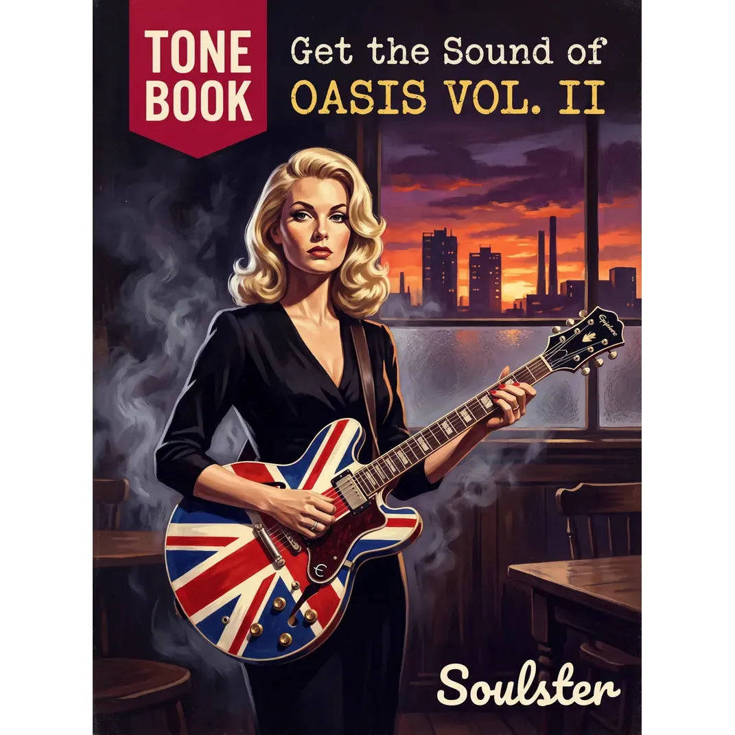 Book cover for 'Get the Sound of Oasis Vol. II Tone Book' featuring an illustrated blonde woman holding a Union Jack-patterned electric guitar in a smoky pub setting with an industrial city skyline at sunset.