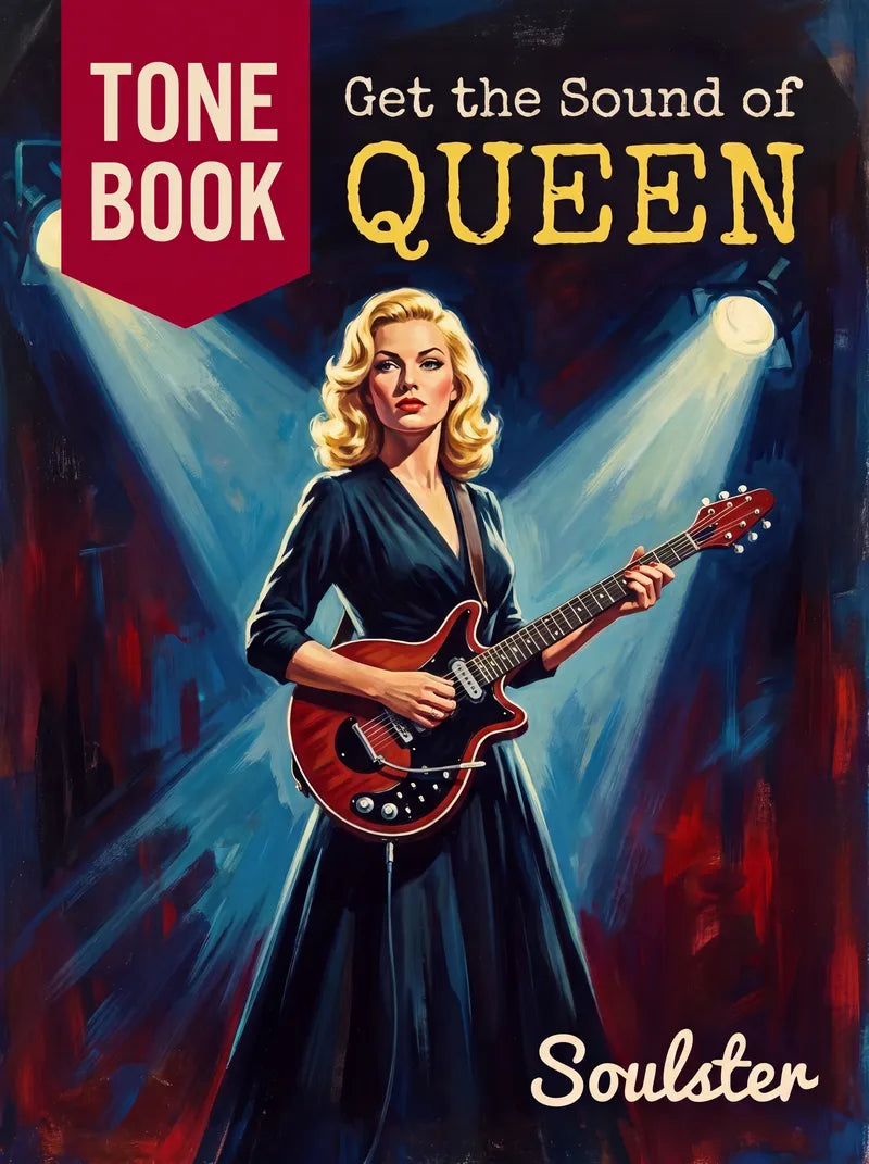 Book cover for 'Get the Sound of Queen Tone Book' by Soulster, featuring a stylized illustration of a blonde woman in a black dress playing a red electric guitar under dramatic stage lights.