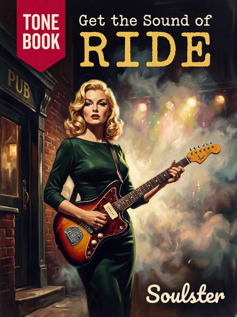 Book cover for 'Get the Sound of Ride' by Soulster, featuring a retro-style illustration of a blonde woman in a dark green dress playing an electric guitar on a city street at night.