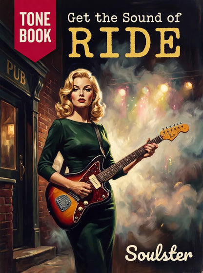 Book cover for 'Get the Sound of Ride' by Soulster, featuring a retro-style illustration of a blonde woman in a dark green dress playing an electric guitar on a city street at night.