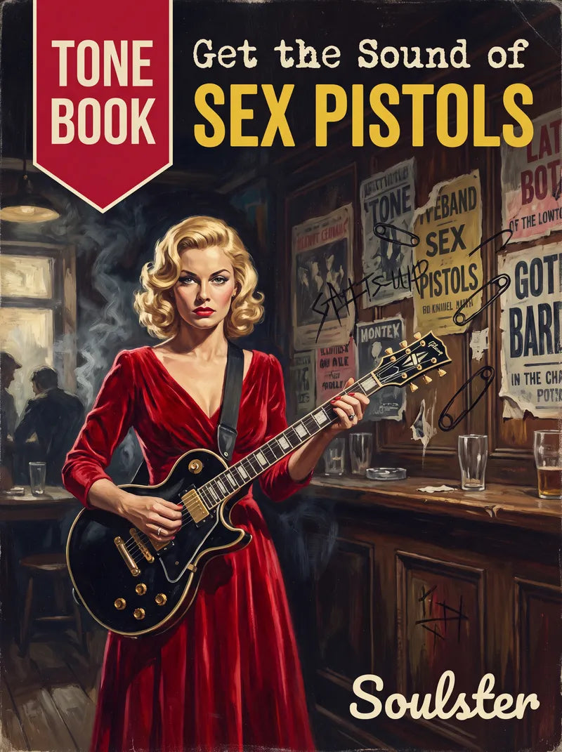 Book cover for 'Get the Sound of Sex Pistols' Tone Book featuring a retro-style illustration of a blonde woman in a red dress holding a black electric guitar in a bar, with the Soulster name at the bottom.