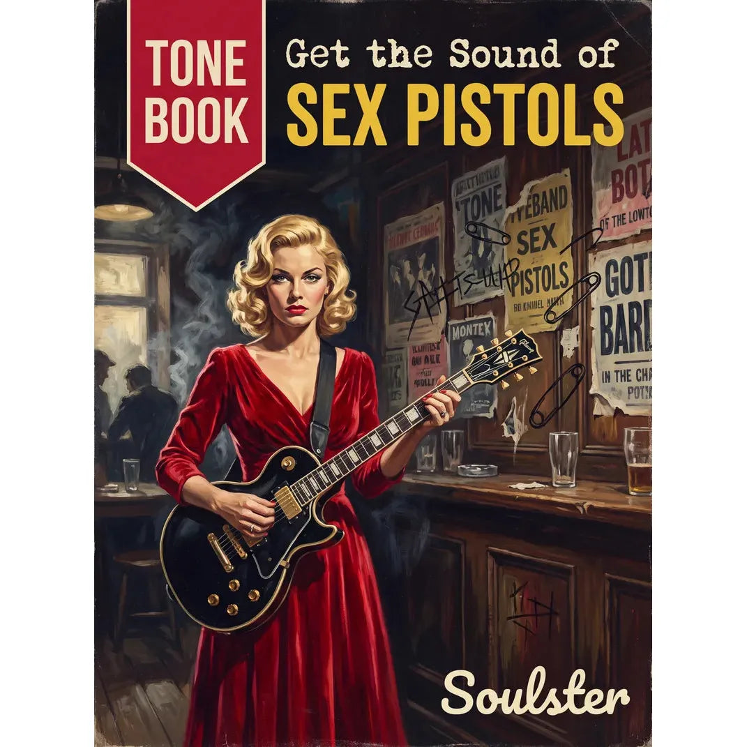 Book cover for 'Get the Sound of Sex Pistols' Tone Book featuring a retro-style illustration of a blonde woman in a red dress holding a black electric guitar in a bar, with the Soulster name at the bottom.