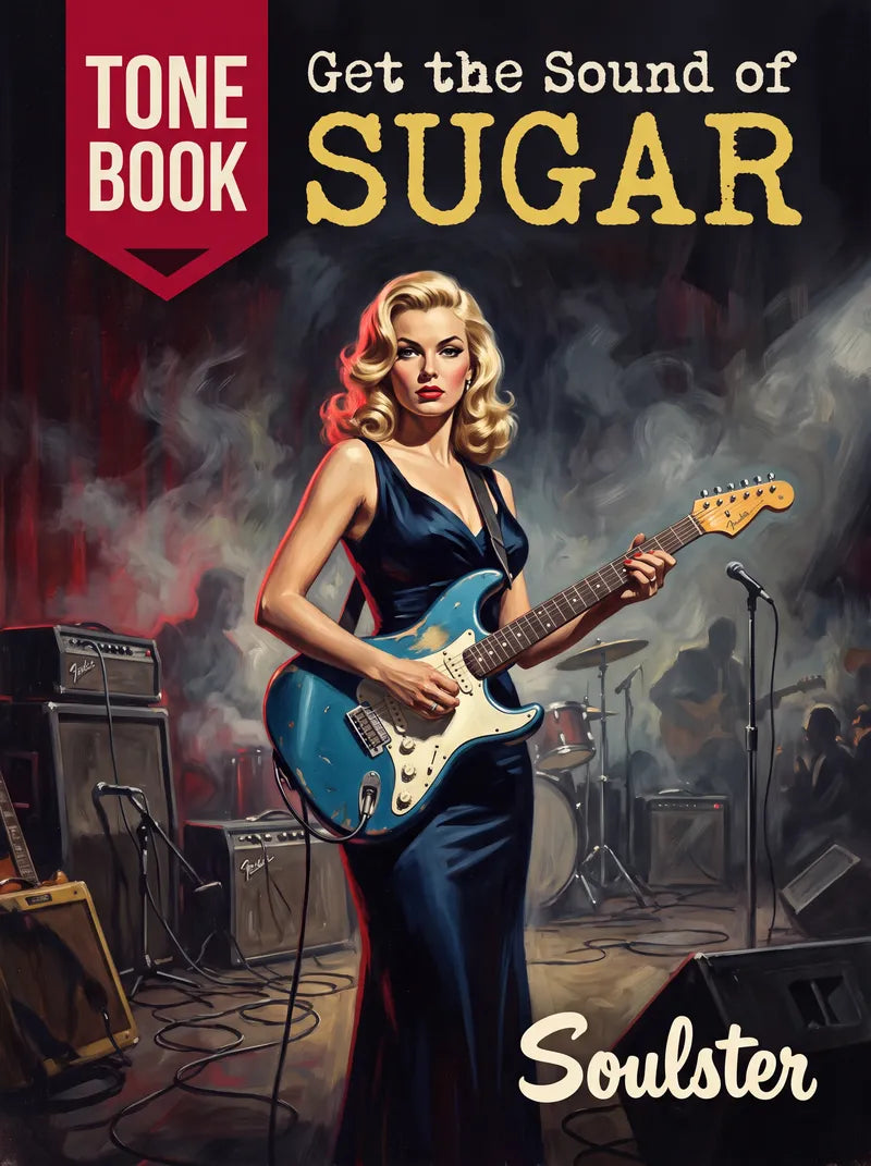 Book cover for 'Get the Sound of Sugar: Tone Book' featuring a stylized illustration of a blonde woman in a dark blue dress playing a blue electric guitar on a smoky stage, with amplifiers and microphones in the background.