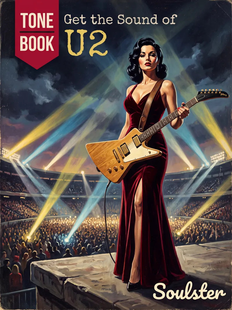 Vintage-style illustrated book cover for 'Get the Sound of U2: Tone Book' featuring a woman in a red gown holding an electric guitar on a concert stage, with stadium lights and a crowd in the background. The Soulster brand name appears at the bottom right.