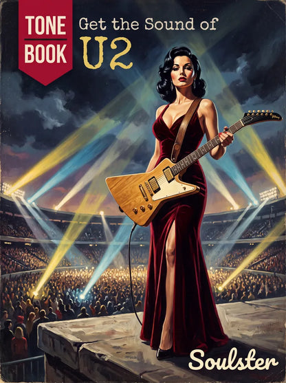 Vintage-style illustrated book cover for 'Get the Sound of U2: Tone Book' featuring a woman in a red gown holding an electric guitar on a concert stage, with stadium lights and a crowd in the background. The Soulster brand name appears at the bottom right.