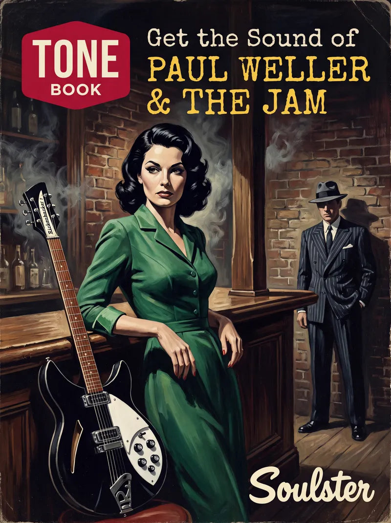 Vintage-style illustrated book cover for 'Get the Sound of Paul Weller & The Jam' by Tone Book, featuring a woman in a green dress leaning on an electric guitar at a bar, with a man in a pinstripe suit and fedora in the background. The Soulster logo appears at the bottom right.