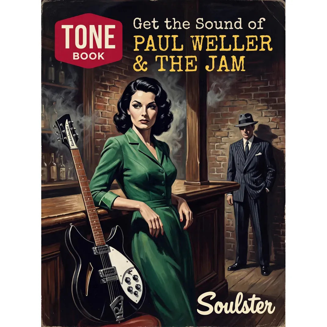 Vintage-style illustrated book cover for 'Get the Sound of Paul Weller & The Jam' by Tone Book, featuring a woman in a green dress leaning on an electric guitar at a bar, with a man in a pinstripe suit and fedora in the background. The Soulster logo appears at the bottom right.