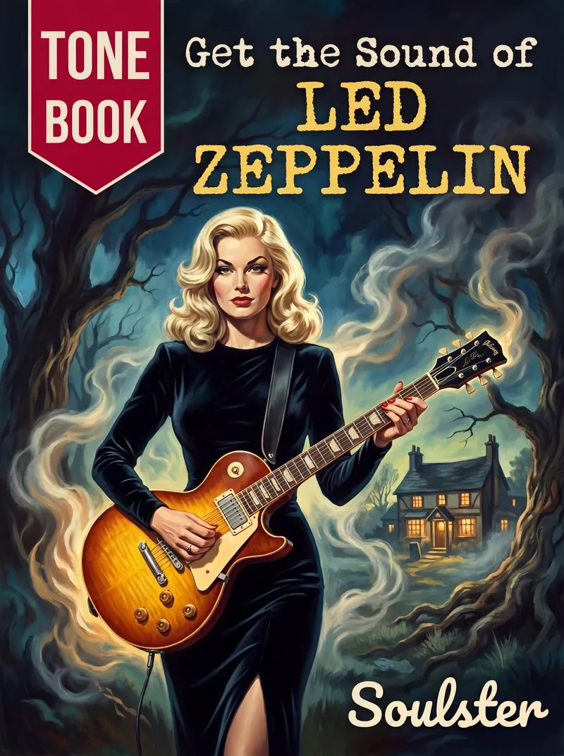 Book cover for 'Get the Sound of LED ZEPPELIN' by Soulster, featuring a retro-style illustration of a blonde woman in a black dress playing an electric guitar in front of a haunted house, with a red 'TONE BOOK' banner on the top left.