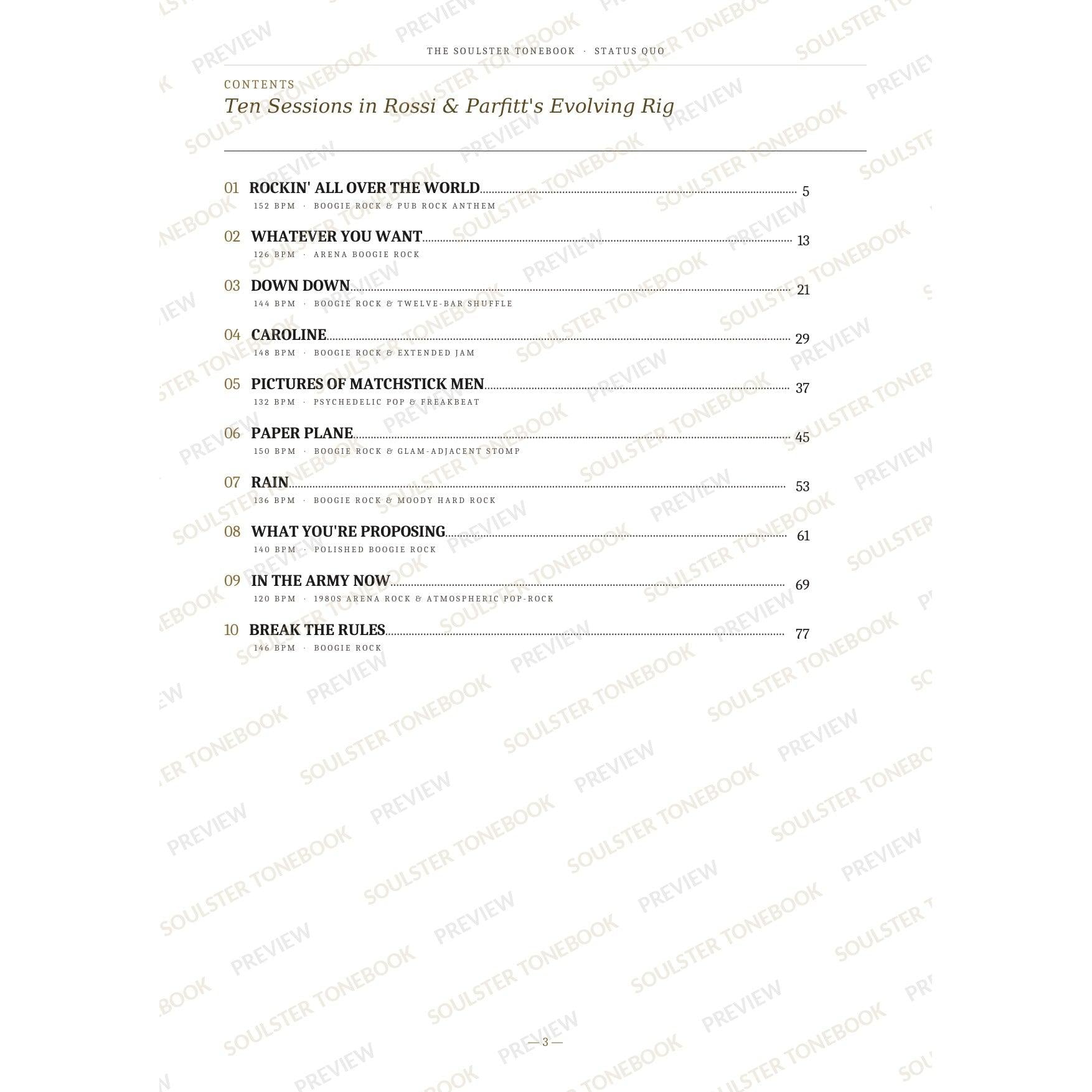 Contents page from the Status Quo Soulster Tonebook, listing all 10 songs with their tempos, genre tags and page numbers in a gold-and-black serif layout. A faint diagonal 'Soulster Tonebook · Preview' watermark repeats across the page.
