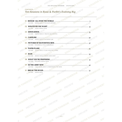 Contents page from the Status Quo Soulster Tonebook, listing all 10 songs with their tempos, genre tags and page numbers in a gold-and-black serif layout. A faint diagonal 'Soulster Tonebook · Preview' watermark repeats across the page.