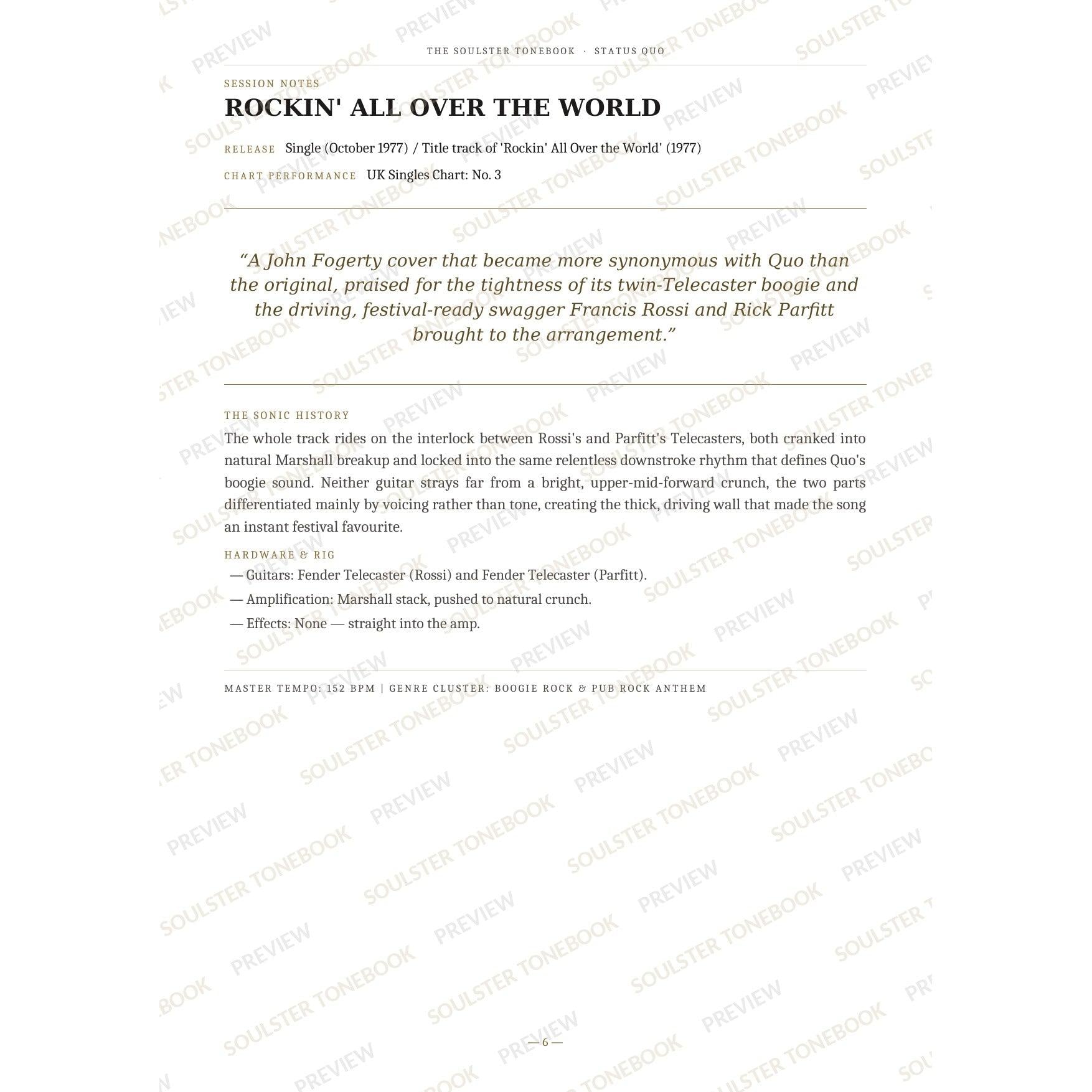 Session-notes page for 'Rockin' All over the World' in the Status Quo Soulster Tonebook, with the track's release and chart history, a summary quote, a short 'sonic history' write-up and the hardware and rig used. A faint diagonal 'Soulster Tonebook · Preview' watermark repeats across the page.