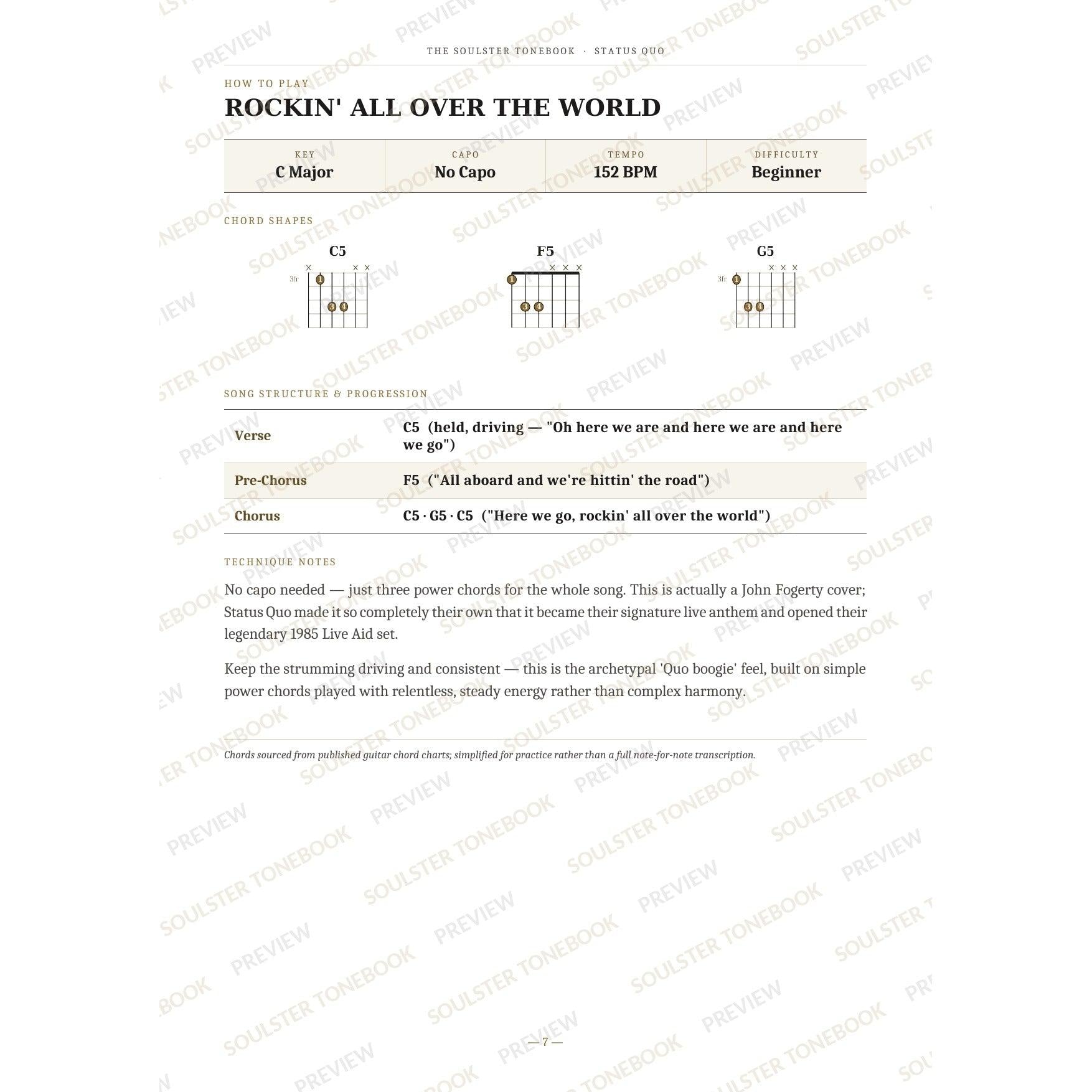 How-to-play page for 'Rockin' All over the World' by Status Quo, showing the key, capo, tempo and difficulty, printed chord-shape diagrams, a song-structure and chord-progression breakdown and technique notes — chord charts only, no lyrics or notation. A faint diagonal 'Soulster Tonebook · Preview' watermark repeats across the page.