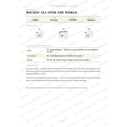 How-to-play page for 'Rockin' All over the World' by Status Quo, showing the key, capo, tempo and difficulty, printed chord-shape diagrams, a song-structure and chord-progression breakdown and technique notes — chord charts only, no lyrics or notation. A faint diagonal 'Soulster Tonebook · Preview' watermark repeats across the page.