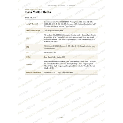 Boss GT-1000 pedal-settings page for 'Rockin' All over the World' in the Status Quo Soulster Tonebook, giving parameter-by-parameter amp, cabinet, drive, FX, delay and reverb values in a two-column table. A faint diagonal 'Soulster Tonebook · Preview' watermark repeats across the page.