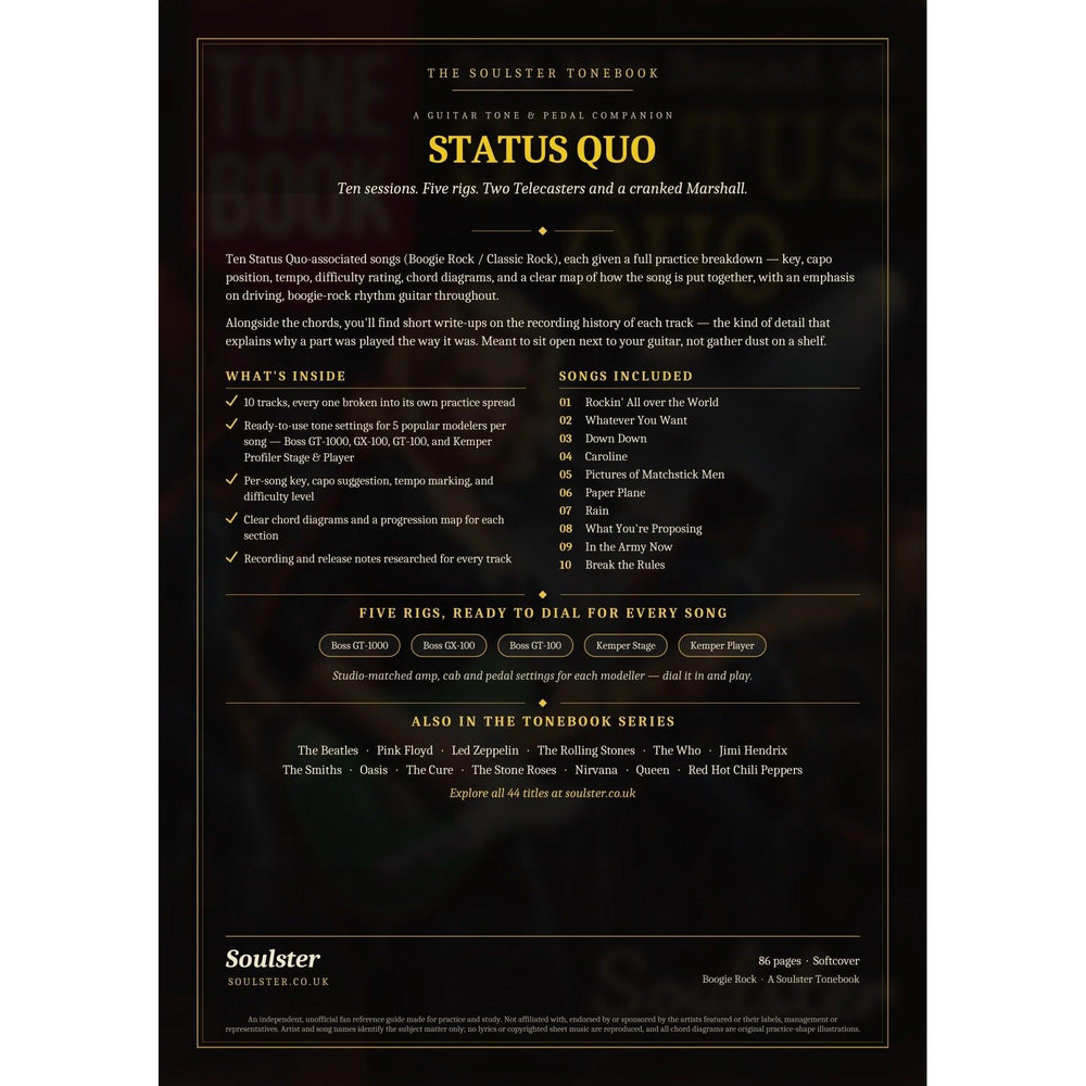 Back cover of the Status Quo Soulster Tonebook — a dark, gold-trimmed design with the title and tagline, a 'what's inside' list, the full 10-song track list, the five modeller rigs and other titles in the Soulster Tonebook series.