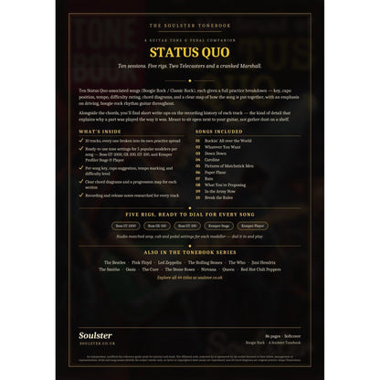 Back cover of the Status Quo Soulster Tonebook — a dark, gold-trimmed design with the title and tagline, a 'what's inside' list, the full 10-song track list, the five modeller rigs and other titles in the Soulster Tonebook series.