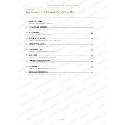 Contents page from The Stone Roses Soulster Tonebook, listing all 10 songs with their tempos, genre tags and page numbers in a gold-and-black serif layout. A faint diagonal 'Soulster Tonebook · Preview' watermark repeats across the page.
